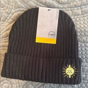 Yellow Sun Embroidered Black Knit Hat